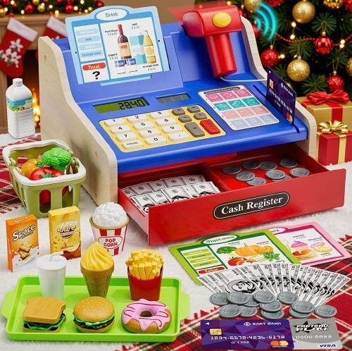 Wooden cash register for kids - wooden,